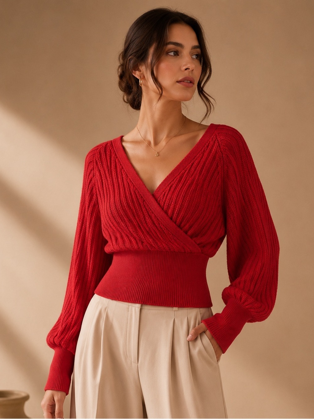 Alberto Makali Red Pleated Wrap Blouse Size Medium Designer Career Top